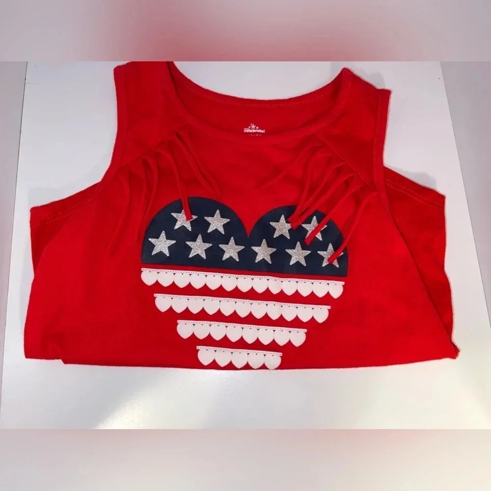 Patriotic novelty tank top, children’s 4-5 (XS) with glitter stars,3D‎ hearts